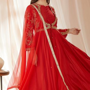 Crimson Red Anarkali Suit Set With Dupatta  with Stoll