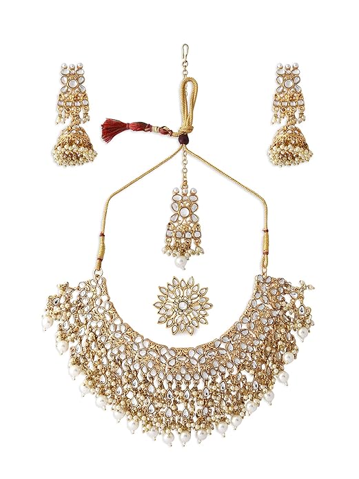 Kundan Choker Necklace Earring Maangtikka & Ring Set For Women