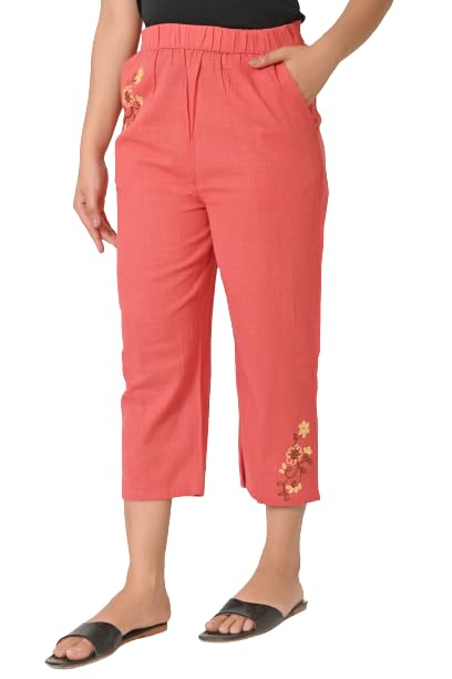 Pants Cotton Lounge Wear Stretch Capris for Women with Pockets Side
