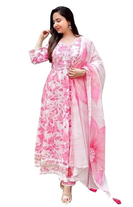 Rayon Anarkali Embroidered Printed Kurta Pant and Dupatta Set Pink