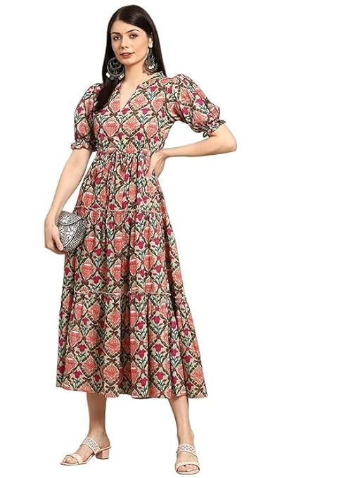 Women's Pure Cotton Floral Printed V Neck Anarkali Kurta Dress (Brown)