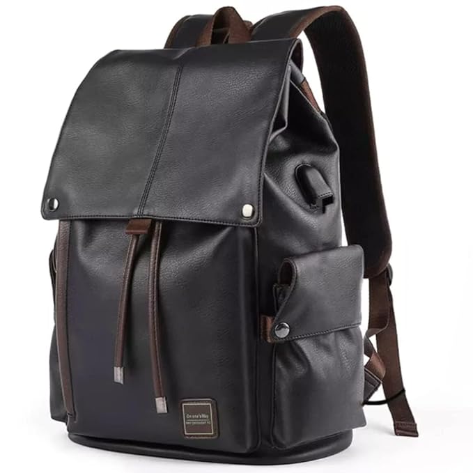 Premium 15.6" Laptop Bag, Vegan Leather, Waterproof, External USB, Flap & Drawstring Closure, Backpack for College, Office, Men, Women - Spruce 24L