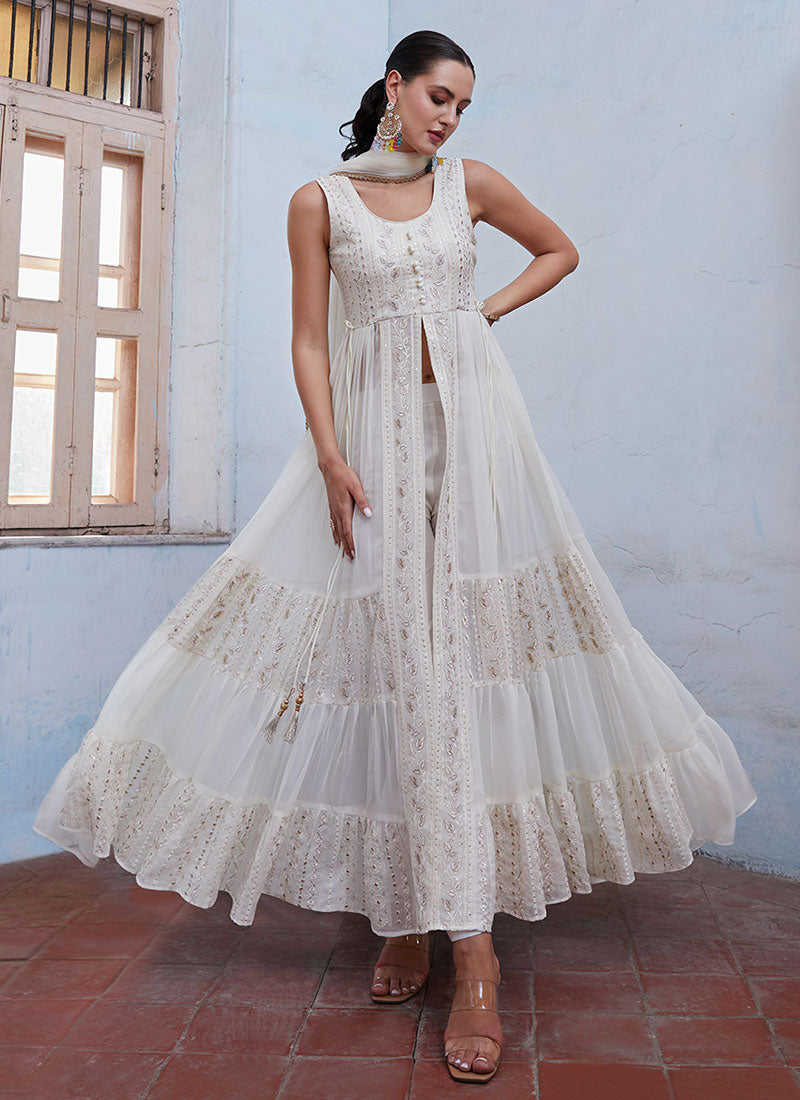 White Thread And Sequence Embroidery Slit Style Anarkali Pant Suit