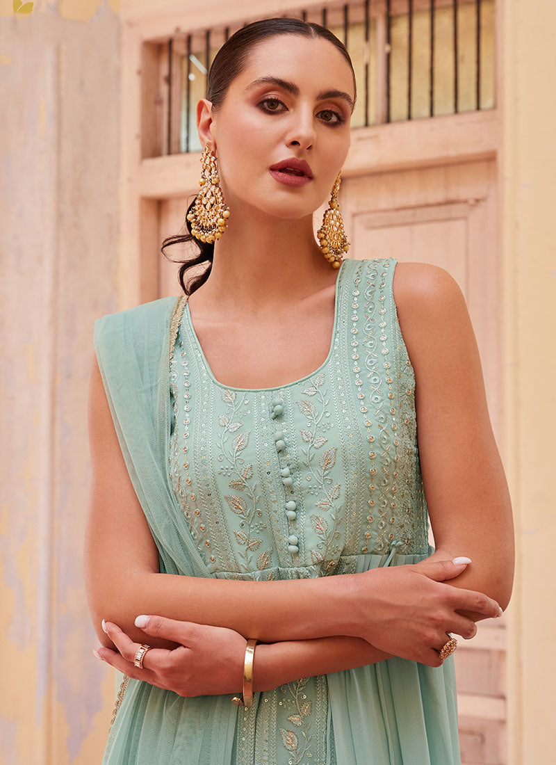Sky Blue Thread And Sequence Embroidery Slit Style Anarkali Pant Suit