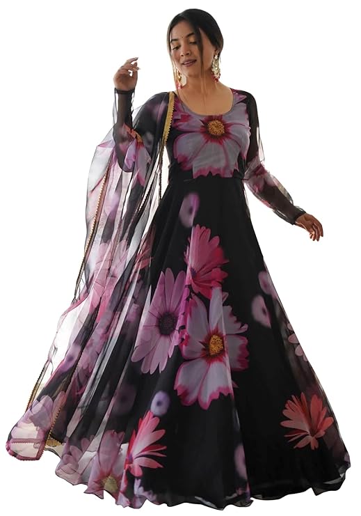 Women's Stylish Floral Printed Orgenza Anarkali Dress Gown, Kurta with Dupatta Set Anarkali Floral Printed Gown with Dupatta