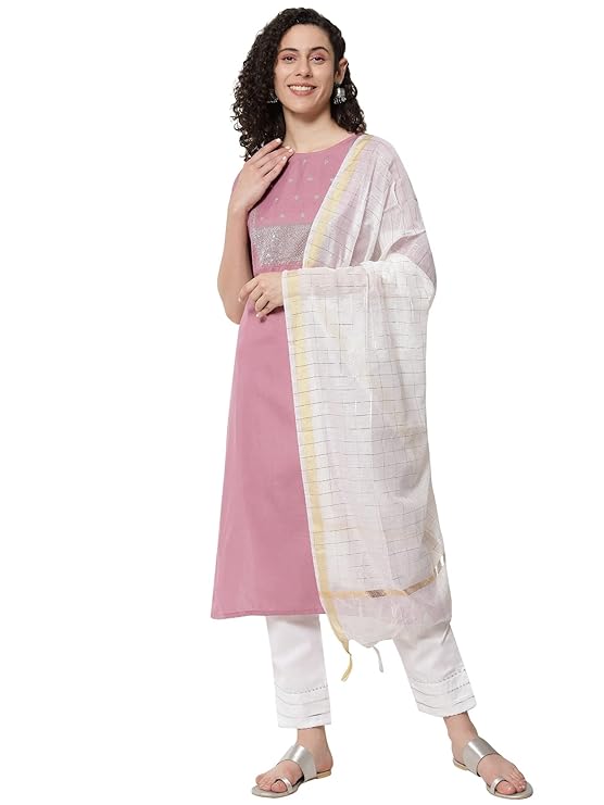 Women's Cotton Blend Straight Embroidery Work Kurta with Pant and Chanderi Dupatta