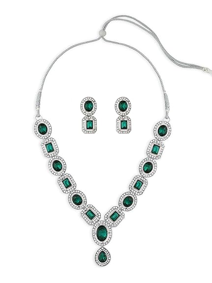 Green Stones & Dazzling Austrian Diamonds Embellished Necklace & Earring Set