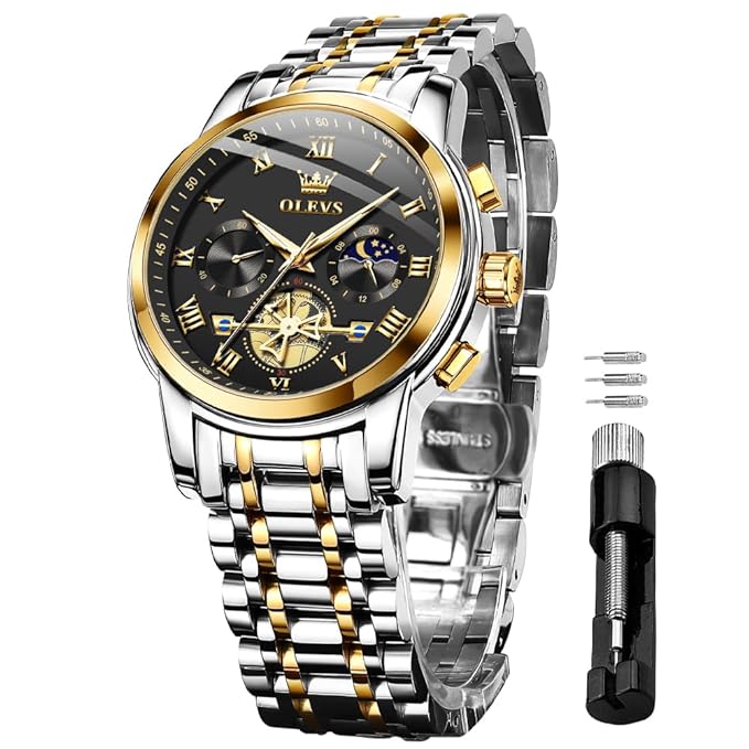 Chronograph Business Wrist Watches Analog Quartz Moon Phase Stainless Steel