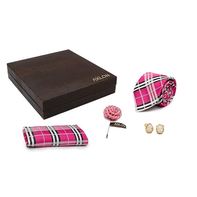 Men Silk Stain Resistant Check Print Neck Tie Accessory Gift Set- Pink(Free Size)