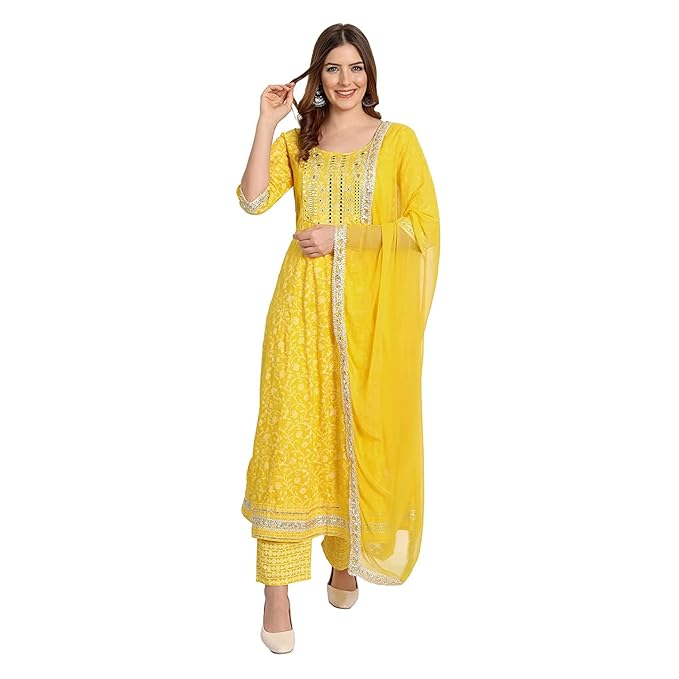 Women Rayon Anarkali Embroidered Printed Kurta Pant And Dupatta Set