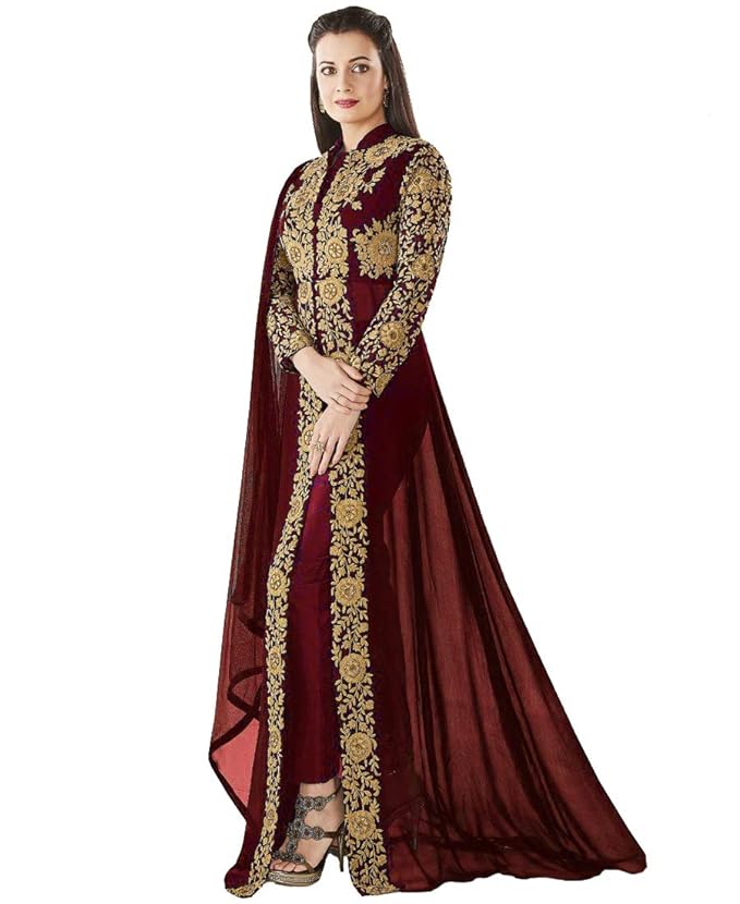 Women's Semi-Stiched Georgette Codding Embroidery Long Anarkali Salwar Suit/Gown with Dupatta