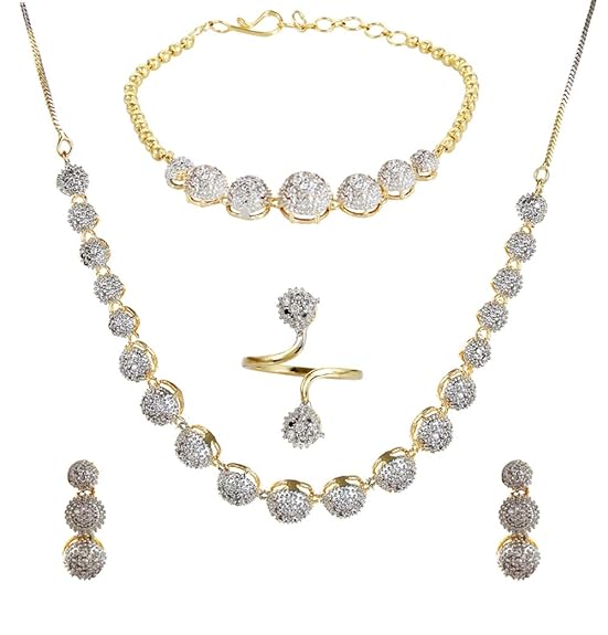 Jewellery Set for Women American Diamond Combo of Choker Necklace Set with Earrings, Bracelet and Ring for Girls and Women