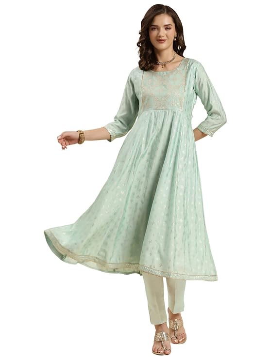 Sea Green Silk Printed Anarkali Kurta with Pant | Kurta Set for Women