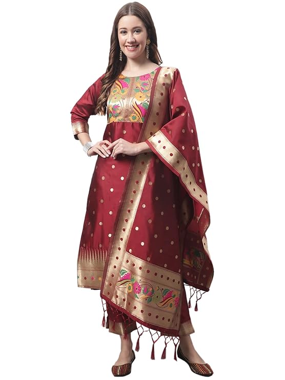Women's Cotton Silk Jacquard Straight Kurta with Pant & Banarasi Silk Dupatta Set