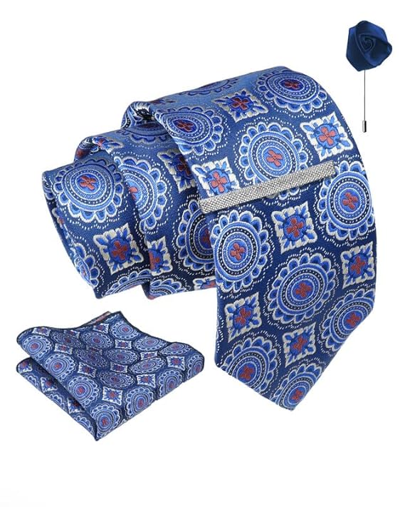 Formal Ties Set With Pocket Square, Cufflink, Tie Clip & Flower Pin With Gift Box For Mens (AXGM)