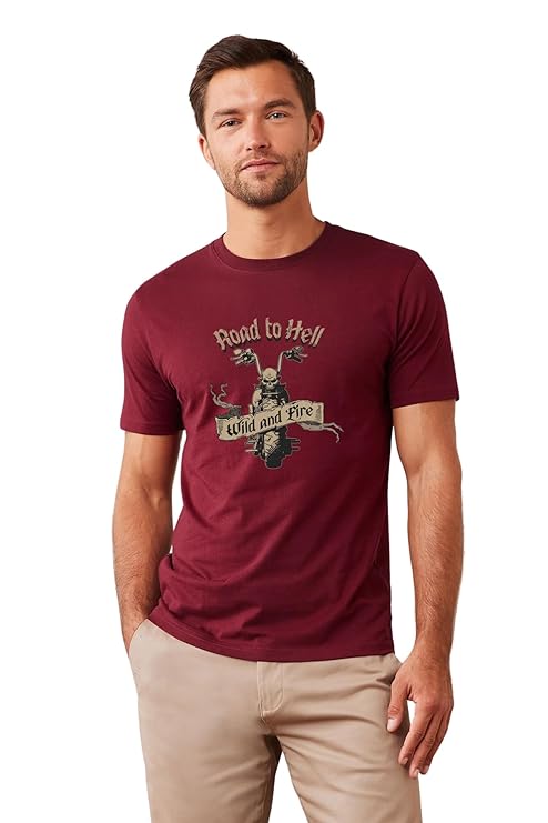 Round Neck Regular Fit Printed T-Shirt for Men | Half Sleevs T-Shirt with Road to Hell Bike Print