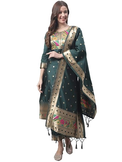 Women's Cotton Silk Jacquard Straight Kurta with Pant & Banarasi Silk Dupatta Set