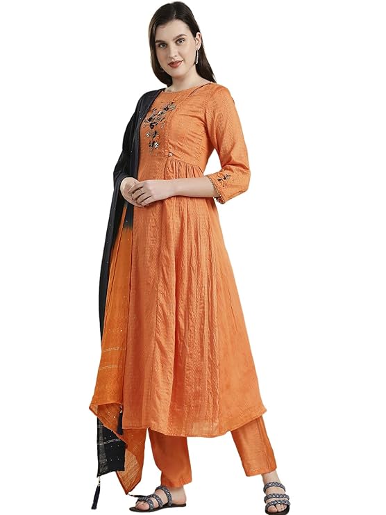 Women's Jacquard Chanderi With Hand Work Kurta Pant Palazzo Set with Dupatt