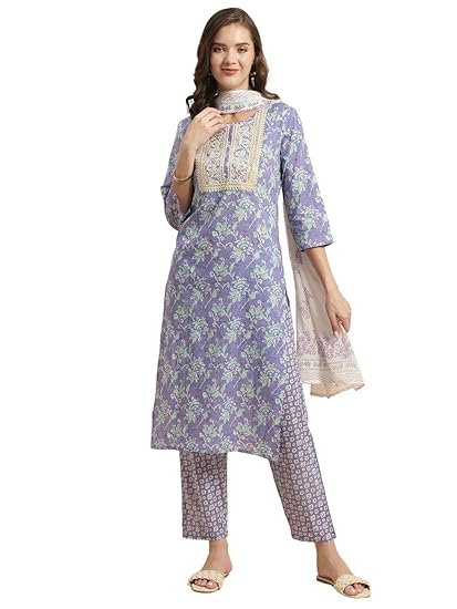 Lavender Cotton Embroidered Straight Kurta with Pant and Dupatta | Kurta Set for Women
