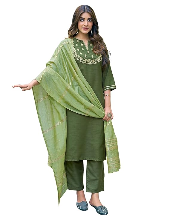 Women's Art Silk Embroidery Straight Kurta Pant With Dupatta Set