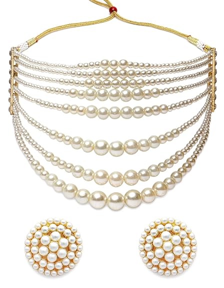 Latest Stylish Design Fancy Multilayer Pearl Choker Necklace Jewellery Set for Women