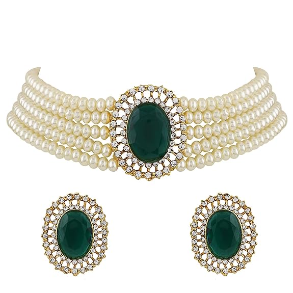 Fashion 18k Gold Plated Latest Stylish Fancy Choker Traditional Pearl Necklace Jewellery Set for Women