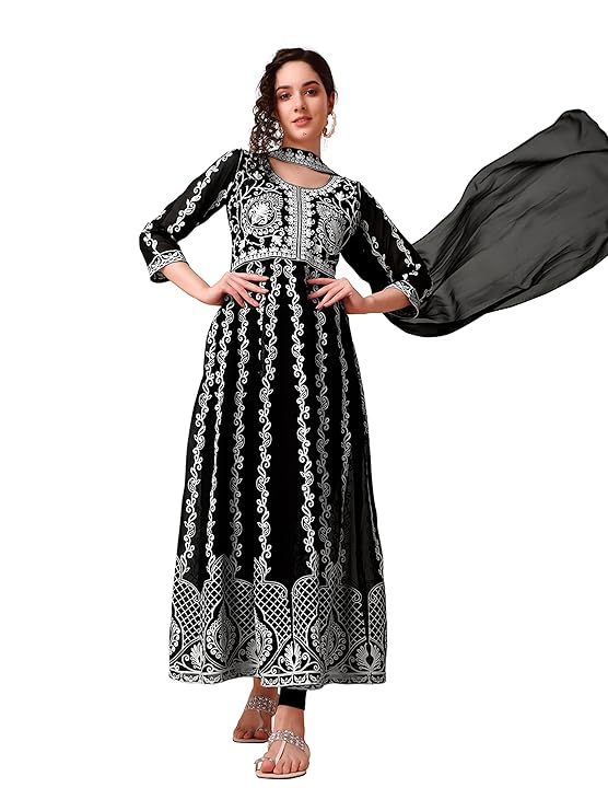 Women's Georgette Chikankari Embroidery Anarkali Kurta & Dupatta Set