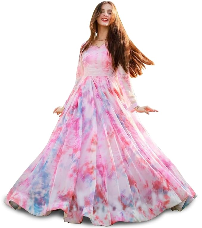 Digital Floral Print Stylish Floor Length Georgette Anarkali Gown with Dupatta, Pink
