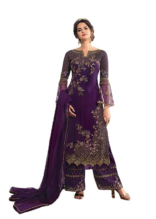 Women's Faux Georgette Semi Stitched Top With Unstitched Santoon Bottom and Net Dupatta Embroidered Straight Kurta Dress Material