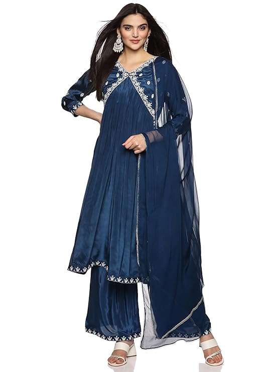 Women's Muslin Embroidered & Solid Colour Full Kurta Palazzo With Dupatta Set