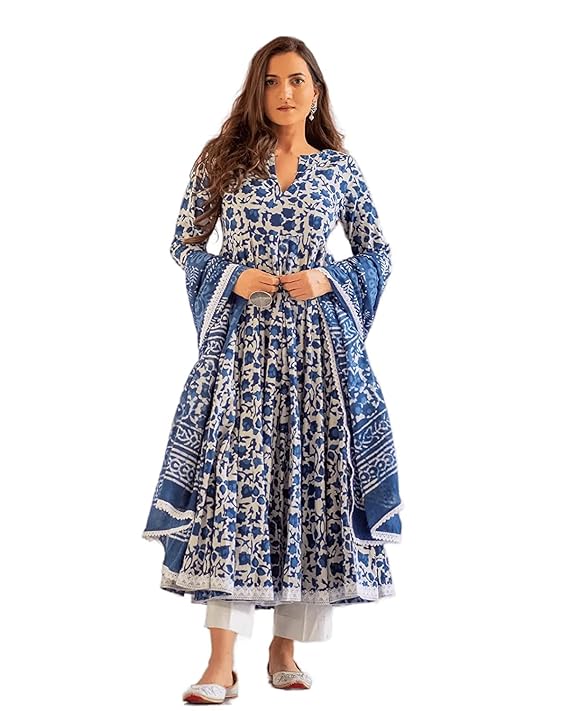 Women's Cotton Printed Anarkali Kurta With Palazzo & Dupatta Set