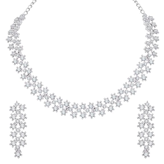 Rose Gold Crystal AD Diamond Necklace Jewellery Set with Earrings for Women and Girls Suits Best Party, Wedding and Occasional Wear