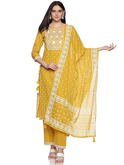 Women's Cotton Embroidered Straight Kurta Pant With Dupatta Set