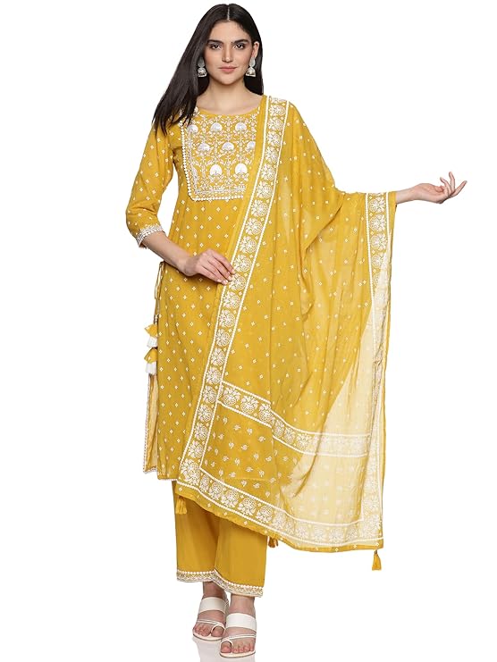 Women's Cotton Embroidered Straight Kurta Pant With Dupatta Set