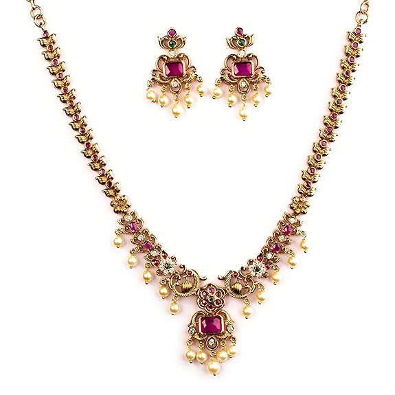 Enchanting Gold Plated Peacock and Floral Pearl Necklace Jewellery Set for Women & Girls