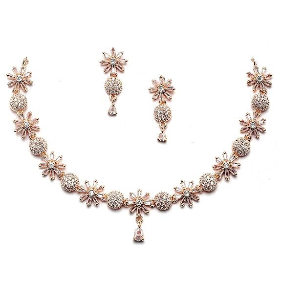 Rhodium Plated Silver Toned White American Diamond Studded Necklace With Earring Jewellery Set For Woment and Girl