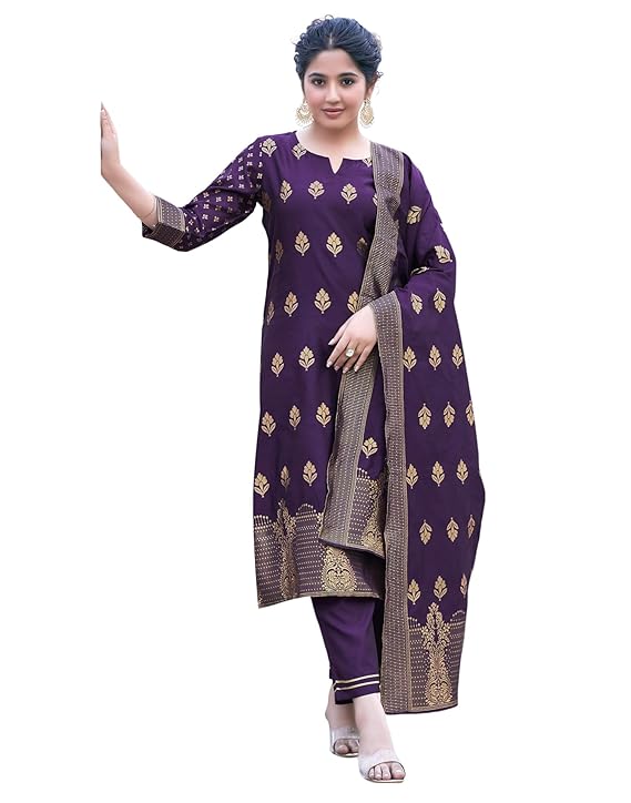 Women's Art Silk Jacquard Straight Kurta Pant with Dupatta Set