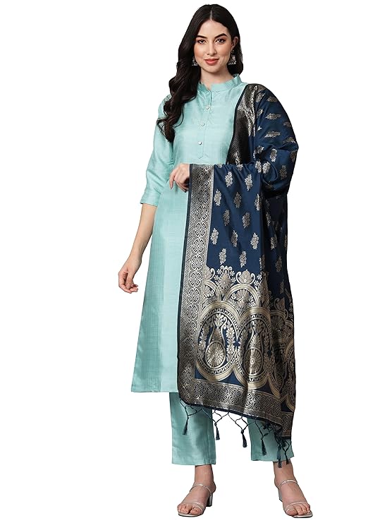 Women's Cotton Silk Blend Straight Kurta with Trouser Pant & Banarasi Silk Dupatta