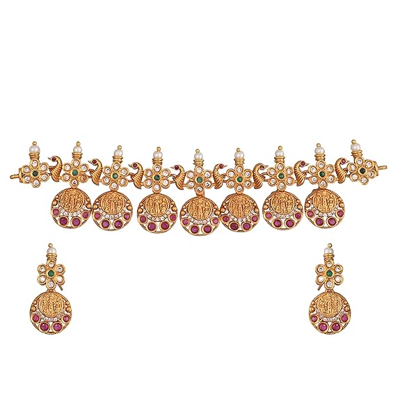 Antique Gold Plated Nisha Short Necklace with Ram Seetha Coin Design - Jewelry Set for Women Perfect for Ethnic occasions