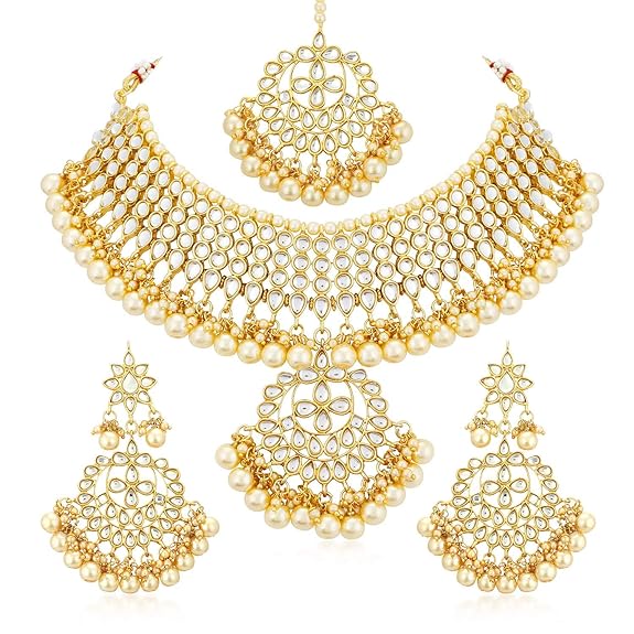Trendy Kundan Gold Plated Wedding Jewellery Pearl Choker Necklace Set for Women