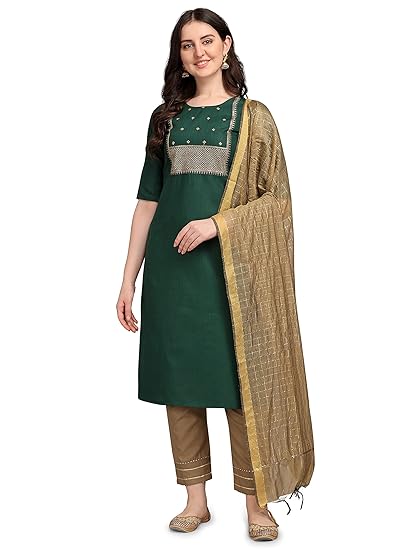 Women Cotton Embroidery Straight Kurta Pant with Dupatta