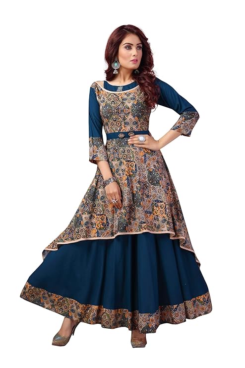 Anarkali Long Kurti and Simple Style, Round Neck 3/4th Sleeve Fully Stitched Plain Printed Long Kurti for Women Rayon Dress and Ankle Length