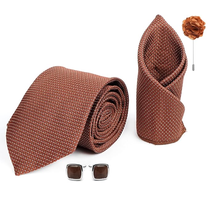 Mens Plaid Dotted Silk Necktie Gift Set With Pocket Square Cufflinks & Brooch Pin Formal Tie With Leatherite Box