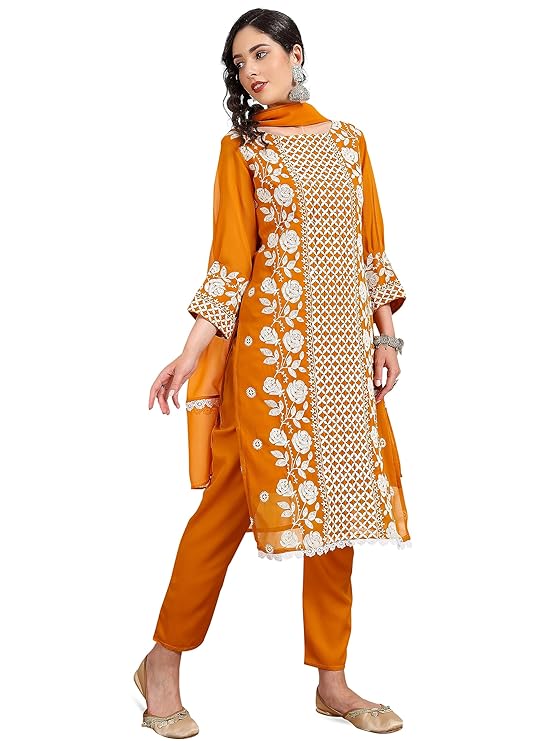 Women's Embroidered Mirror Work Cotton Straight Kurta salwar& Dupatta Set