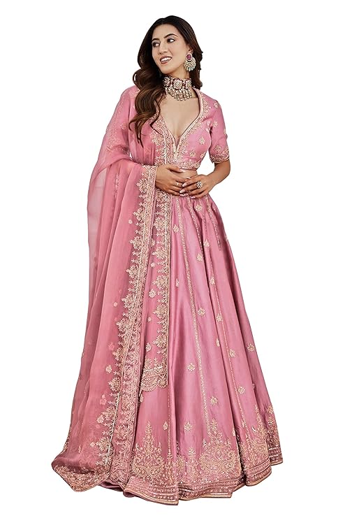 Women's Embroidery Sequence Work Semi-Stitched Bridal Lehenga Choli with Dupatta For Women(New-Bridal-Latest-Wedding-Lehenga-Free size)