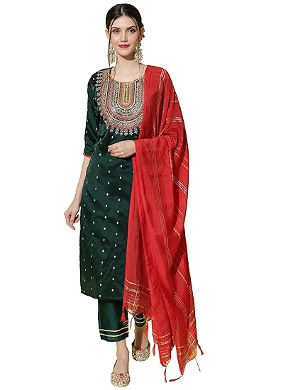 Women's Silk Blend Embroidered Straight Kurta Trouser with Dupatta Set
