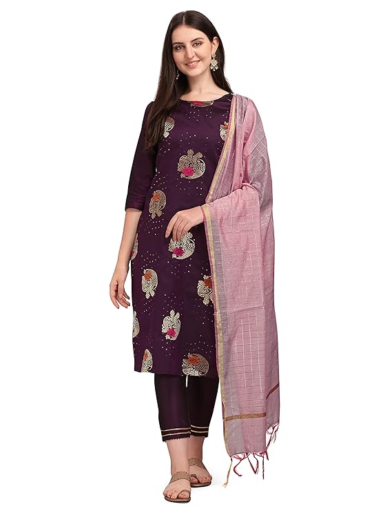 Cotton Silk Blend Straight Embroidery Kurta Pant and Dupatta Set For Women