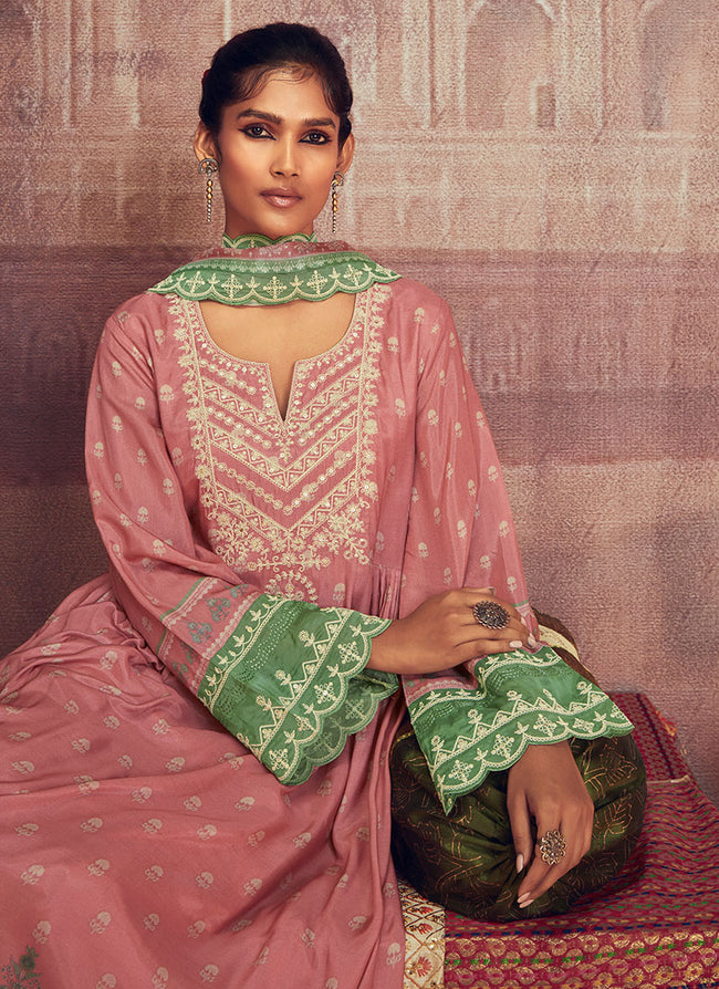 Pink And Green Thread Embroidery Anarkali Palazzo Suit