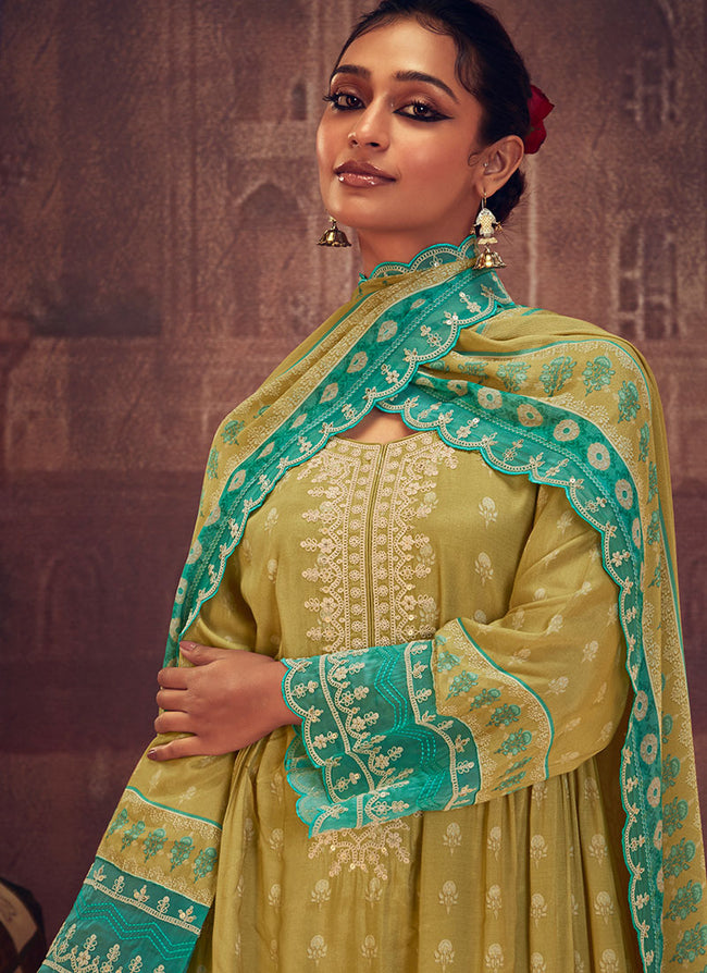 Grey And Blue Thread Embroidery Anarkali Palazzo Suit