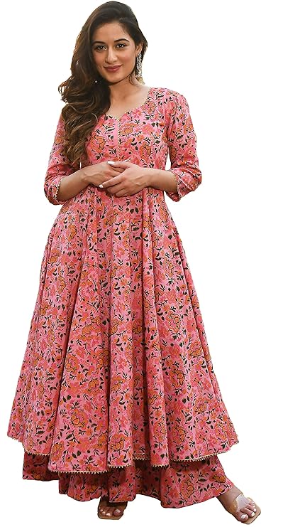 Cotton Printed Anarkali Kurti with Palazzo Pants Set, Floral